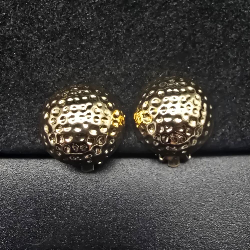 Gold Tone Hammered Round Button Clip On Earrings Vintage